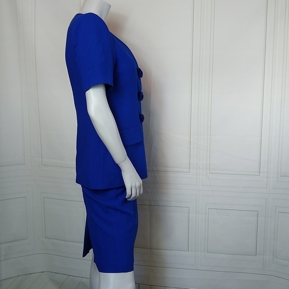 Le Suit Petite SZ 4P Royal Blue Early 90's Retro Short Sleeve Suit Skirt Set - Picture 6 of 15